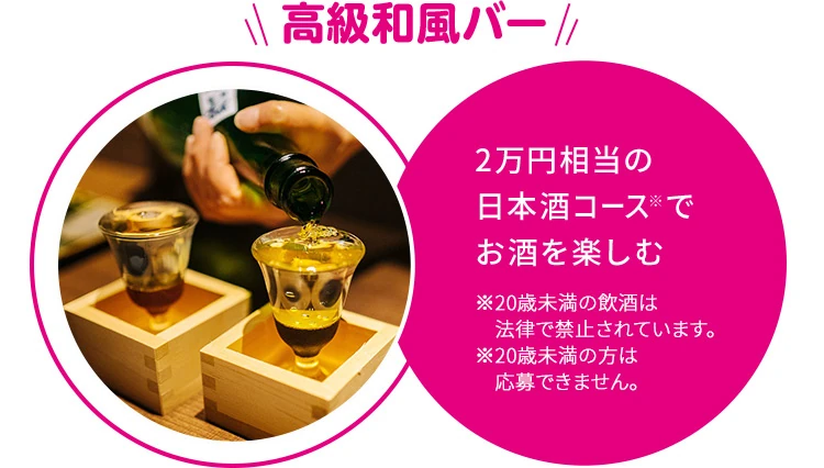 高級和風バー 2万円相当の日本酒コース※でお酒を楽しむ ※20歳未満の飲酒は法律で禁止されています。 ※20歳未満の方は応募できません。