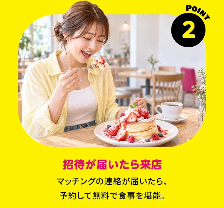 POINT 2 招待が届いたら来店 マッチングの連絡が届いたら、予約して無料で食事を堪能。